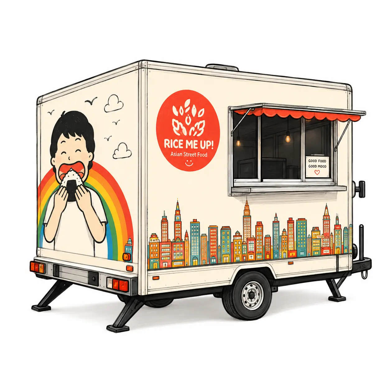 Foodtruck Rice Me Up! – ilustracja pojazdu cateringowego z hasłem Good food, good mood