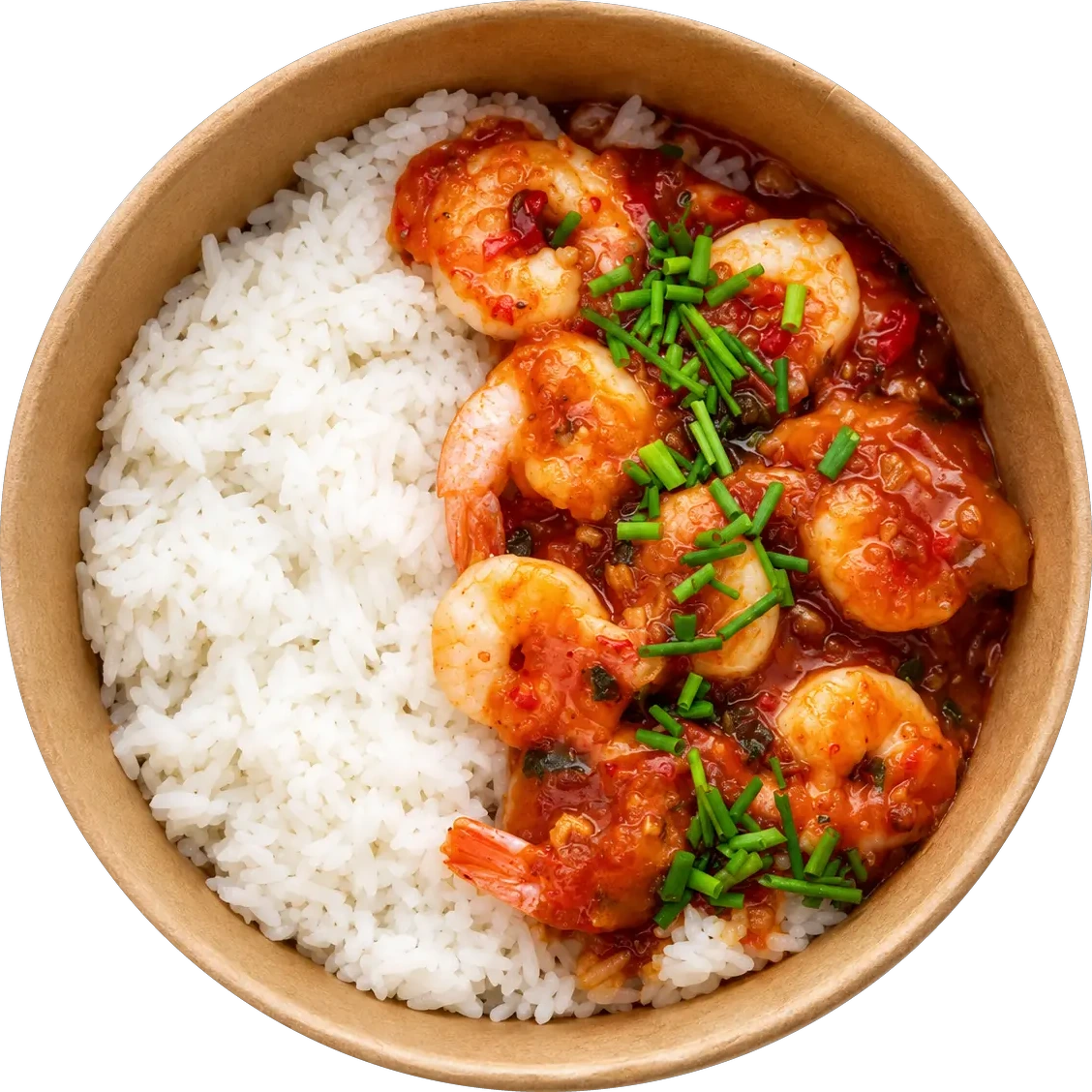 Rice bowl z grillowanymi krewetkami w ostrym sosie, ryżem i szczypiorkiem – Rice Me Up! Bielsko-Biała