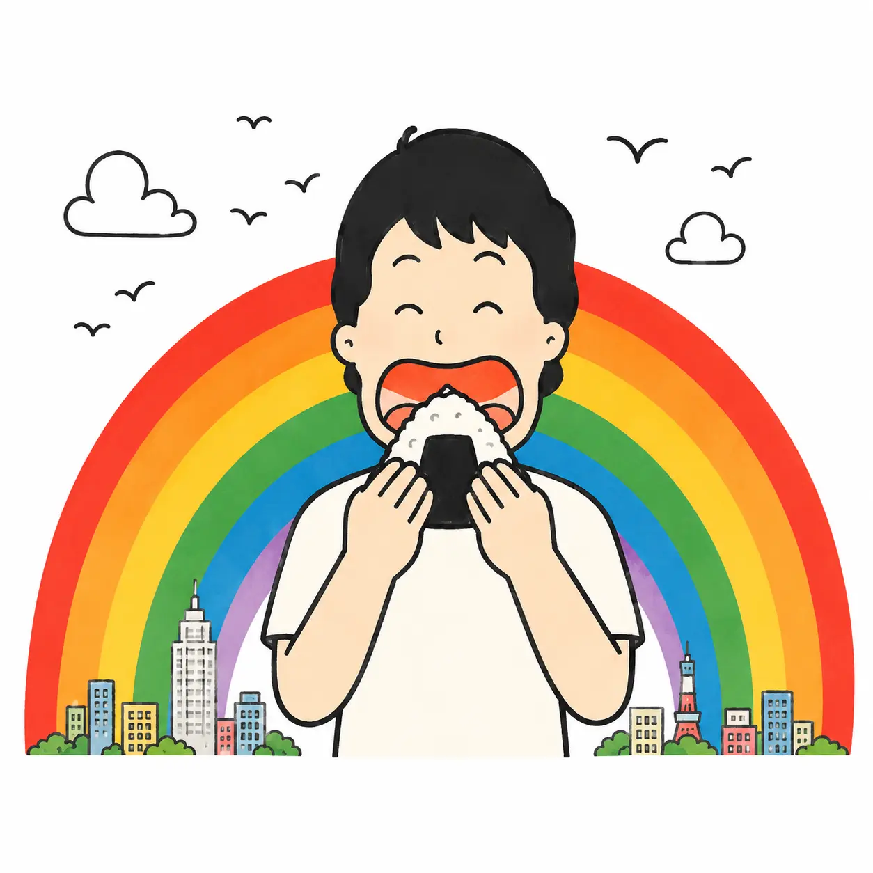 Ilustracja: zadowolony gość jedzący onigiri na tle tęczy i miasta – Rice Me Up!